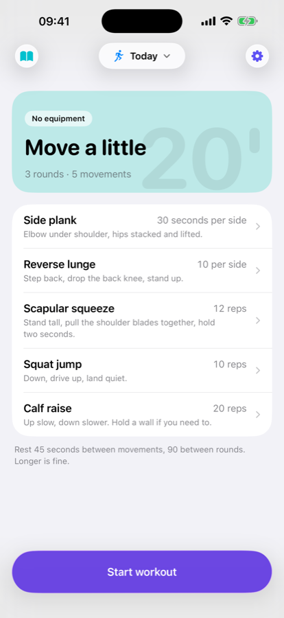 Today's workout: a circuit of five movements with a Start button